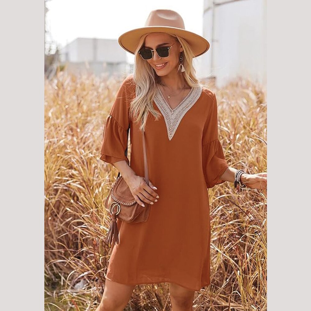 2546 - Hotouch Caramel Bell Sleeve V-Neck Lace Patchwork Mini Dress (Small)